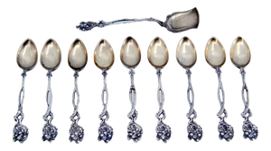 Silver Coffee Spoons and Sugar Scoop with Scalloped Handles, Set of 9