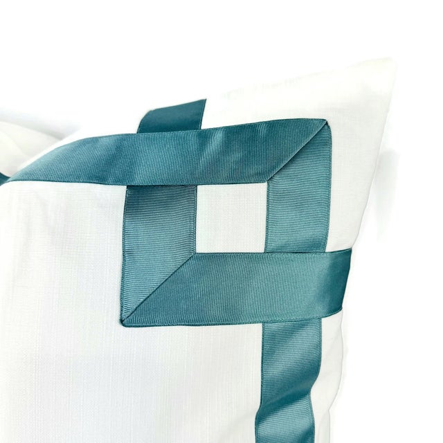 Textile White With Dark Smokey Blue Ribbon Embellished Pillow Cover - 20" X 20" Fretwork Greek Key Ribbon Cushion Case For Sale - Image 7 of 8