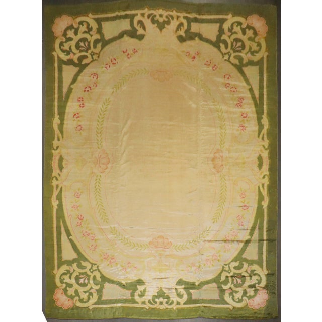 Early 20th Century Antique Zabihi Collection Spanish Savonnerie Oversize Green Pink Rug - 11'7" x 15'1" For Sale - Image 5 of 12
