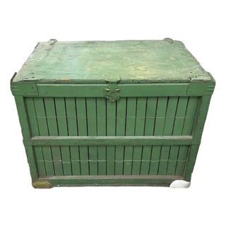 Primitive Folk Art Green Painted Trunk or Hinged Storage Trunk, Chest or Side Table For Sale