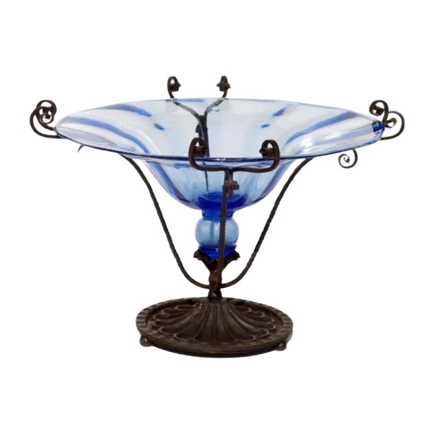 Art Nouveau Blue Murano Glass Wrought Iron Vase by Cappellin Bellotto, 1900s For Sale