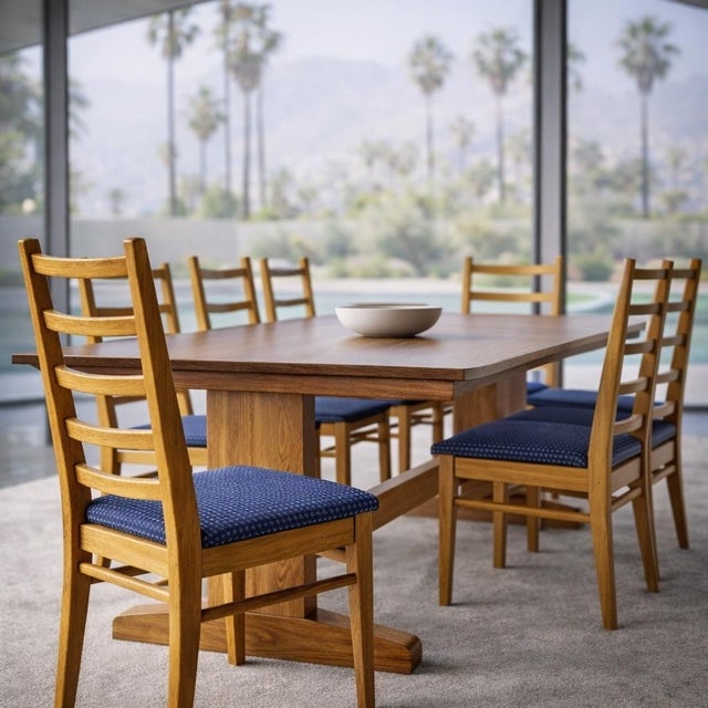 A cohesive set of six vintage mid-century modern dining chairs pairing sculpted ladderback frames with newly upholstered...