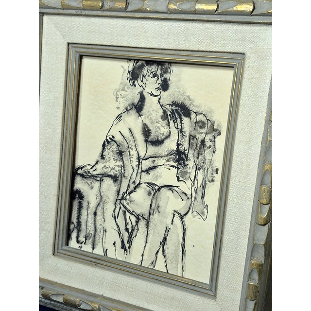 Mid-Century Figural Seated Woman Ink Drawing in Ornate Gold Gilt Frame For Sale - Image 4 of 11