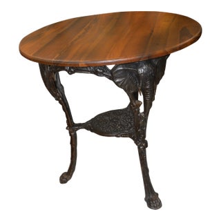 1970s Vintage Cast Iron Elephants & Lion Faces Wood Top Accent / Occasional Round Side Pub Table For Sale
