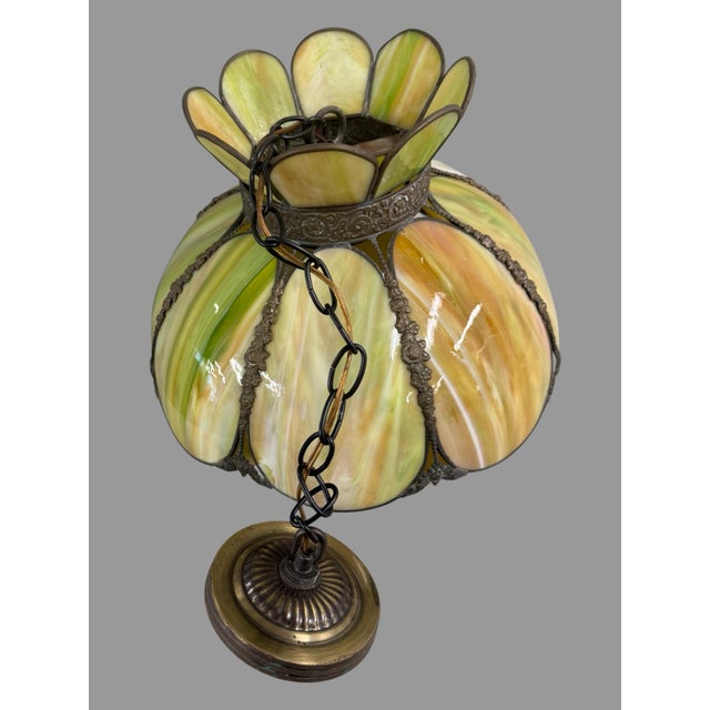 Green Vintage Green, Lotus, Slag Glass Hanging Lamp Light Fixture For Sale - Image 8 of 12