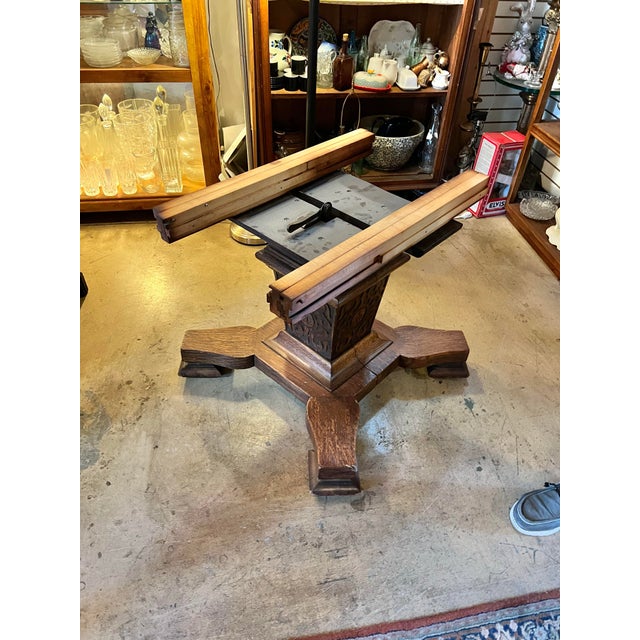 Antique 48” Tiger Oak Round Pedestal Dining Table With 3/4” Glass Top For Sale In West Palm - Image 6 of 9