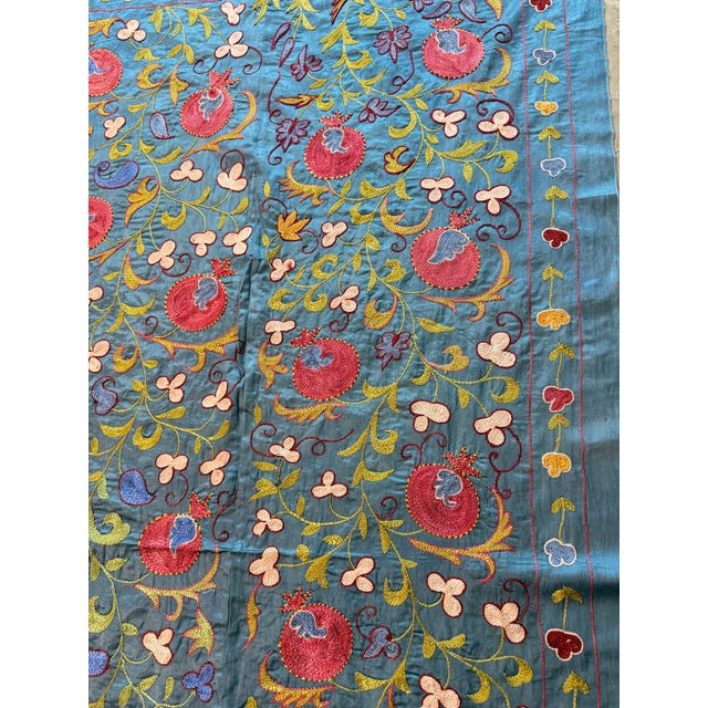 2010s Blue Silk Suzani Wall Decor With Red Pomegranates For Sale - Image 5 of 10