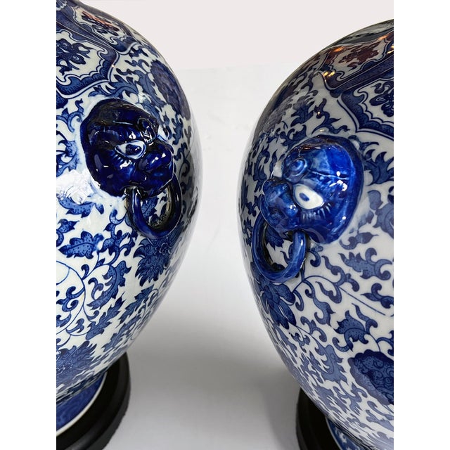 Massive Pair of Chinese Blue & White Urn-Form Lamps For Sale In San Francisco - Image 6 of 8