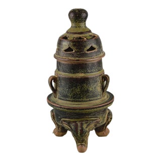 Vintage Chinese Dark Tea Dust Glaze Tripod Censer, Pierced Lid Two-Tier Ceramic Incense Burner For Sale