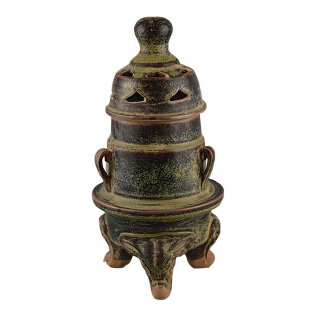 Vintage Chinese Dark Tea Dust Glaze Tripod Censer, Pierced Lid Two-Tier Ceramic Incense Burner For Sale