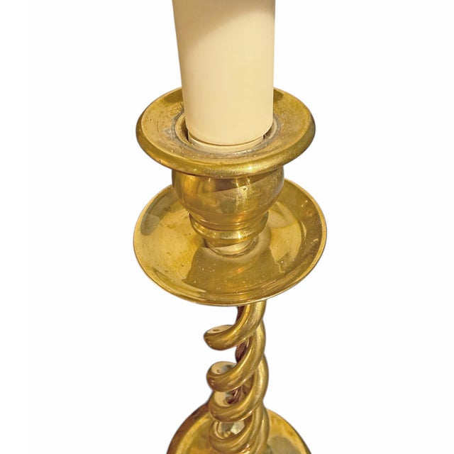 Brass Pair of 18th Century English Brass Barley-Twist Candlestick Lamps For Sale - Image 8 of 12