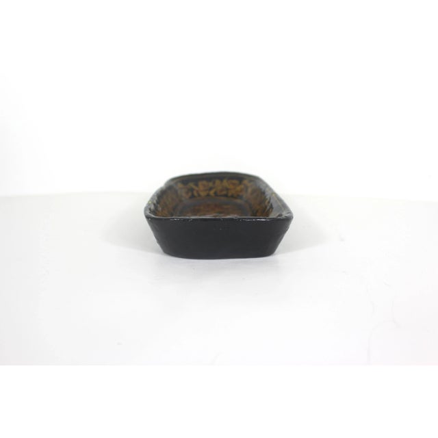 Vintage Kashmir Lacquered Wood Bowl Handmade Hand Painted Floral Leaf Bird Black Brown Yellow For Sale - Image 6 of 11