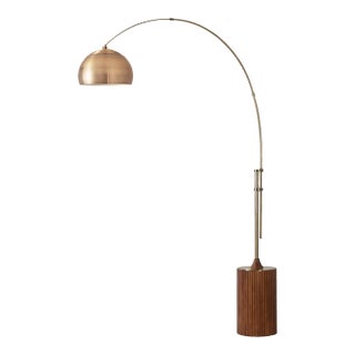 1980s Mid 20th Century Tambo Brass Floor Lamp - 92" Half Dome Shade, Walnut Base, Dimmable For Sale