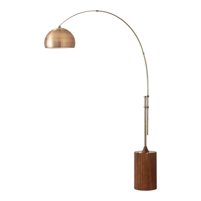 1980s Mid 20th Century Tambo Brass Floor Lamp - 92" Half Dome Shade, Walnut Base, Dimmable For Sale