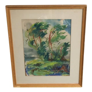 Vintage Tropical Landscape Watercolor Painting For Sale