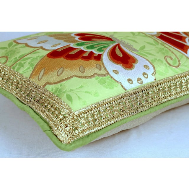 Hand-Embroidery Vintage Butterfly Silk Lumbar Pillow Framed With Vintage Guipure Lace and Piping For Sale - Image 6 of 12