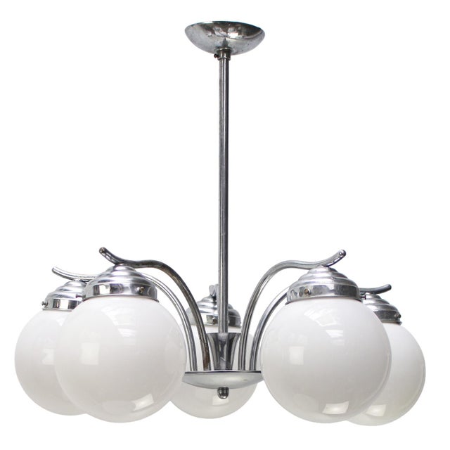 French Art Deco Nickel-Plated 5-Arm Chandelier with White Opaline Glass Globes For Sale - Image 11 of 11