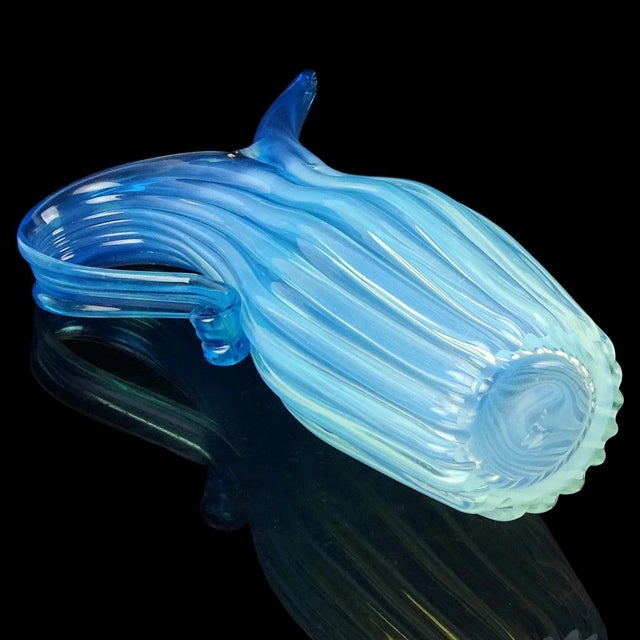 Vintage Murano Fratelli Toso Tall Opalescent Sky Blue White Fade Italian Ribbed Art Glass Pitcher Flower Vase For Sale - Image 9 of 10