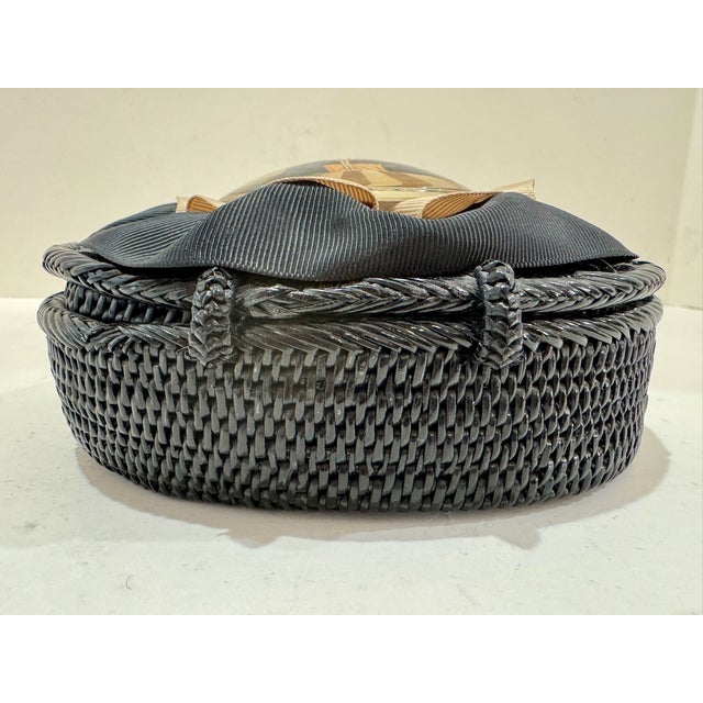 Equestrian Horse Ribbonwork Round Covered Box Black Woven Keepsake For Sale - Image 4 of 7