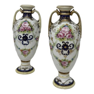 Antique Pair Japanese Noritake Hand Painted Vases Urns Centerpieces Pink Roses For Sale