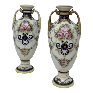 Antique Pair Japanese Noritake Hand Painted Vases Urns Centerpieces Pink Roses
