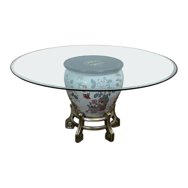 Late 20th Century Ming Treasures Fishbowl Pedestal Base Dining Table by Drexel Heritage Round Glass Top For Sale