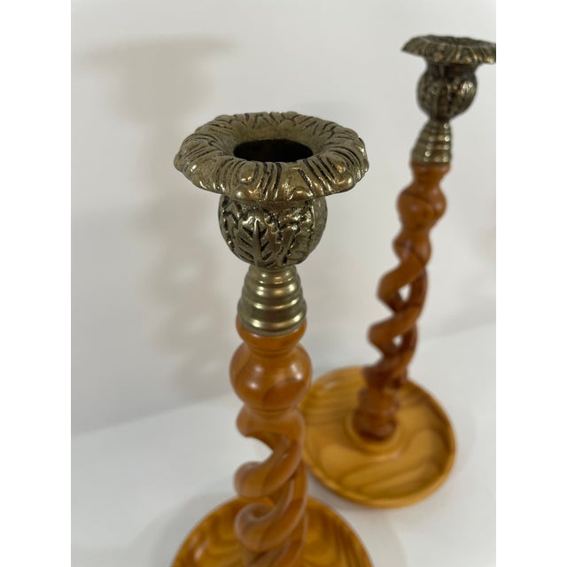 Wood Vintage English Oak Open Barley Twist Candlesticks - A Pair For Sale - Image 7 of 15