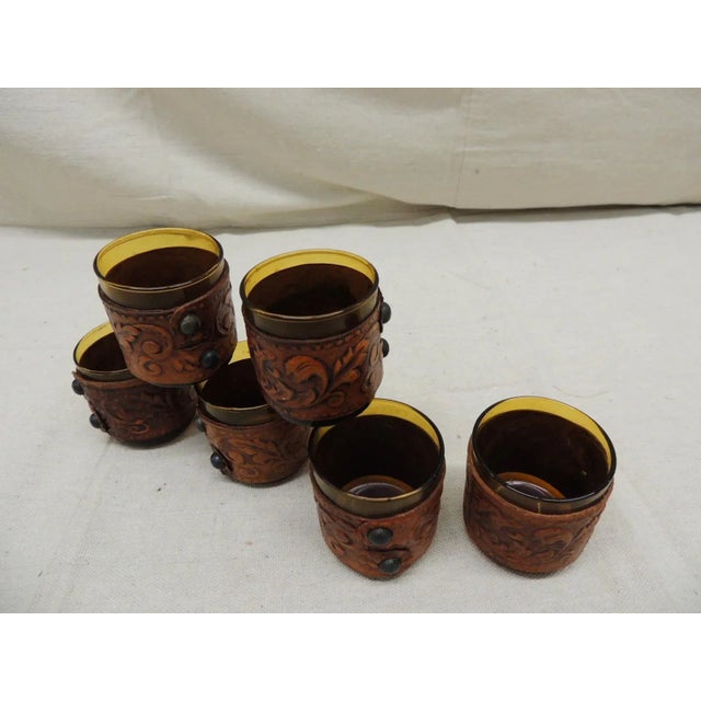 Late 20th Century Vintage Hand Blown Shot Glasses Wrapped in Embossed Leather - Set of 6 For Sale - Image 5 of 10