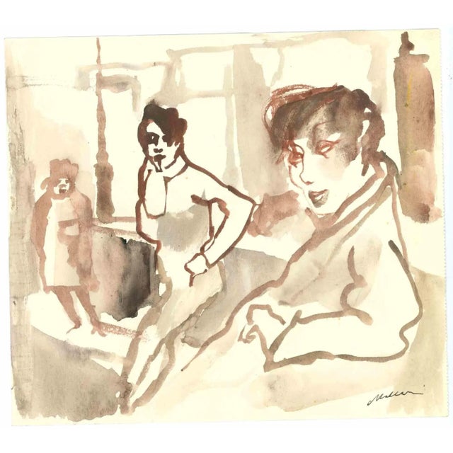 The Company is a Watercolor Drawing realized by Mino Maccari (1924-1989) in the Mid-20th Century. Hand-signed on the...