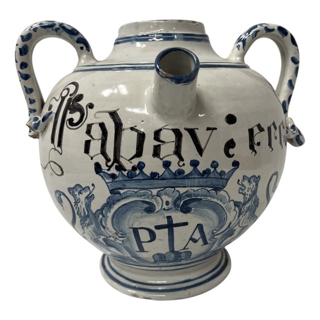 White and Blue Earthenware Vase with Handles, 19th Century For Sale