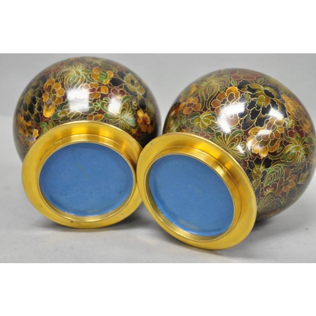 Vintage Cloisonné Chinese Small Enameled Brown Covered Ginger Jar on Stand, Pair For Sale - Image 10 of 18