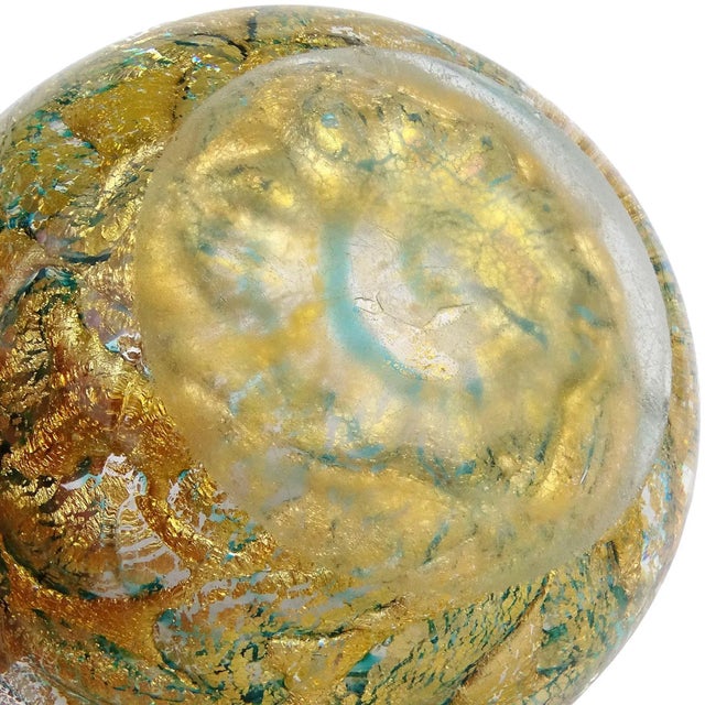 Glass Barovier Toso Murano Vintage Gold Leaf Emerald Green Swirl Italian Art Glass Chunky Ashtray Bowl For Sale - Image 7 of 7