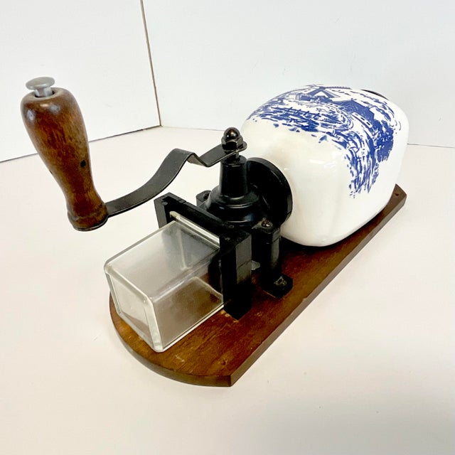 Hollywood Regency 1940s Vintage Boho Chic Gustavian Delft Coffee Grinder Kitchen Accessory, Wall Mounted. For Sale - Image 3 of 10