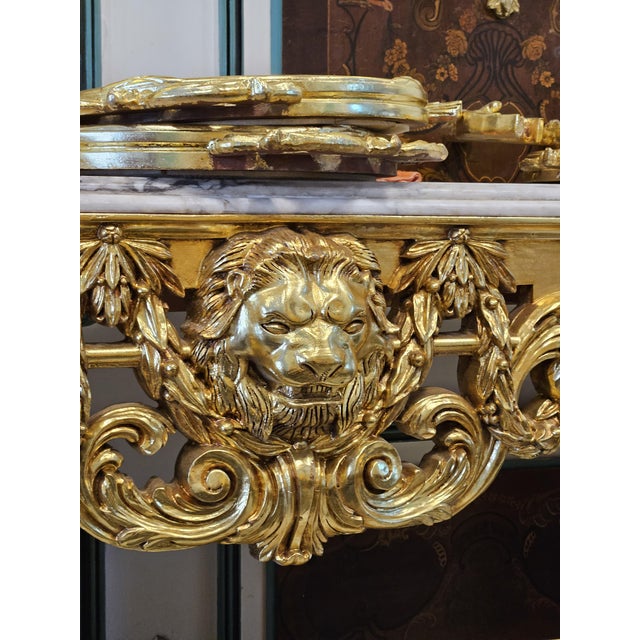 Metal Grand French-Style Console Table – Marble Top With Ornate Gold Leaf & Gilded Bronze Details For Sale - Image 7 of 7