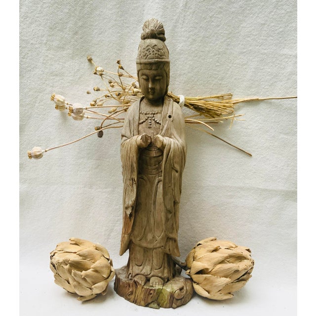 Late 19th Century 19th Century Chinese Hand-Carved Cypress Guanyin Buddhist Goddess Sculpture For Sale - Image 5 of 15