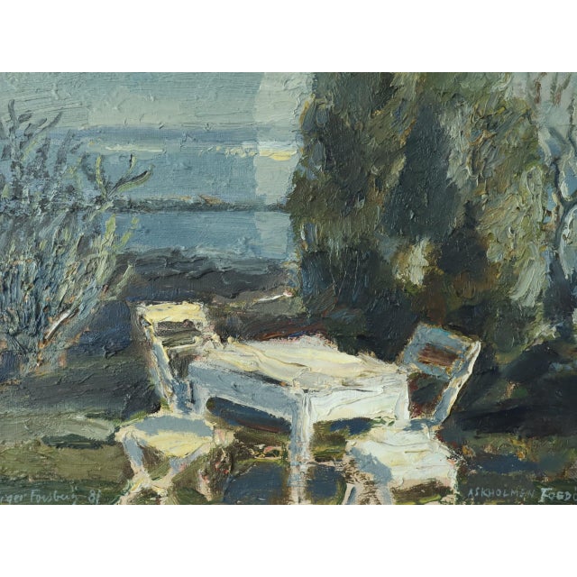 1980s 1981 Modernist 'Garden by the Water' Vintage Original Mini Landscape Oil Painting, Framed For Sale - Image 5 of 10