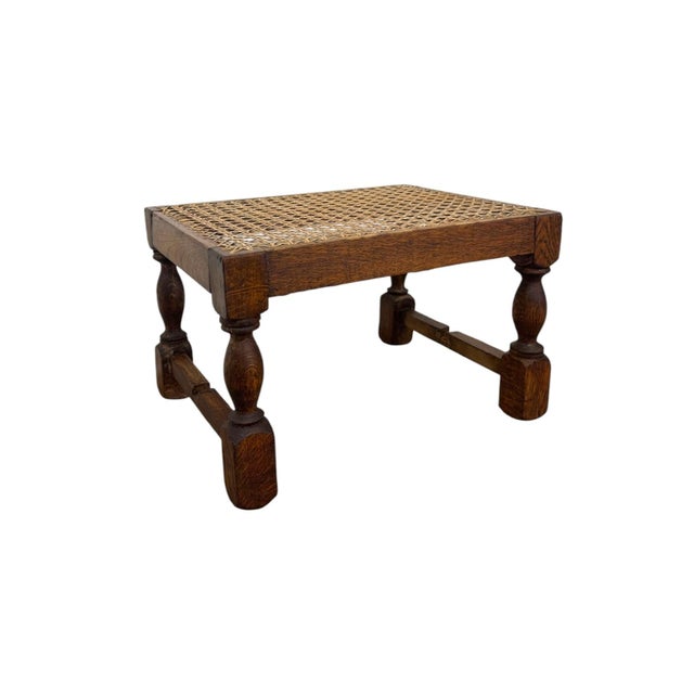 1970s Vintage English Oak Footstool With Woven Cane Top and Turned Legs. For Sale - Image 5 of 9