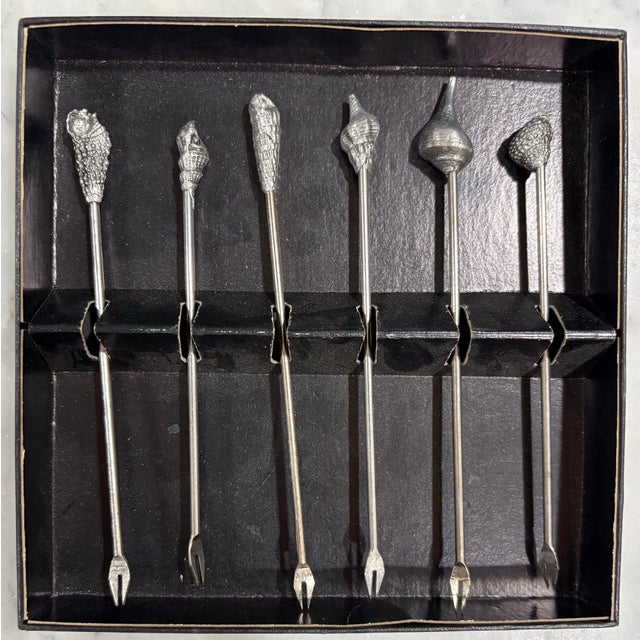 Vintage Metzke Pewter Shell Cocktail Picks / Charcuterie Set of 6. Barware for Palm Beach Regency, Hollywood Regency, Coastal & British Colonial Decor For Sale In New Orleans - Image 6 of 12