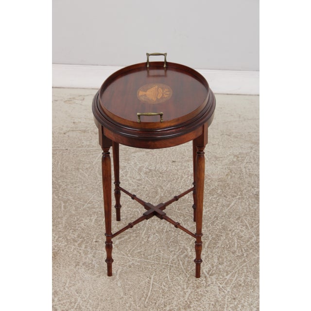English Edwardian Inlaid Mahogany Oval Tray Table For Sale - Image 4 of 15