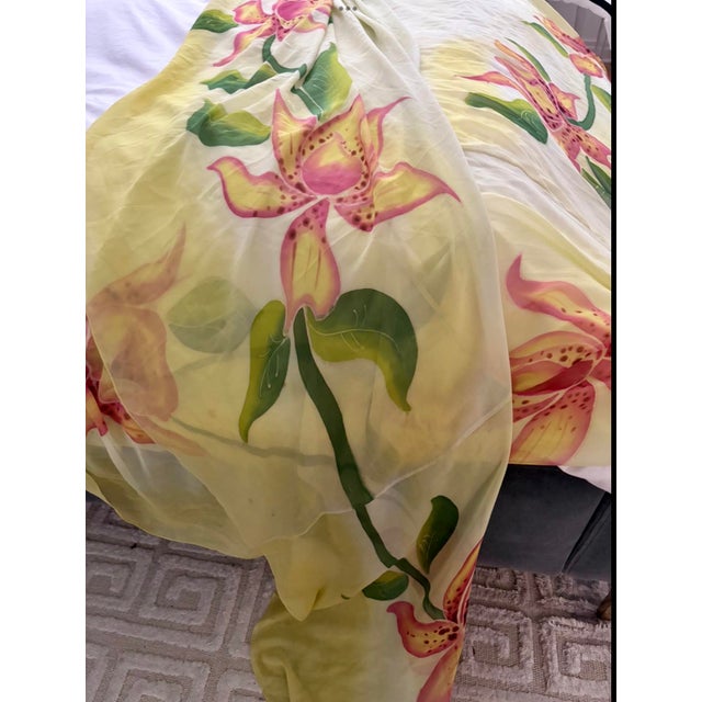 Light Yellow Orchid Tropical Floral Hand Painted on Silk Chiffon Throw For Sale - Image 8 of 12