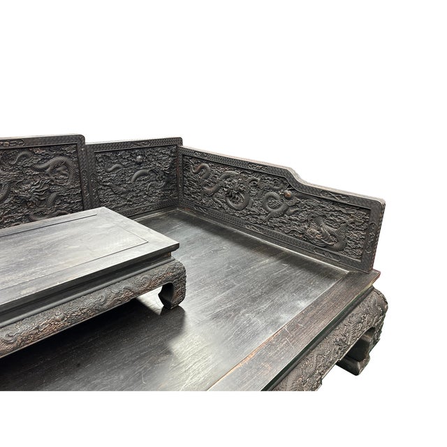 1980s Oriental Dragon Relief Motif Solid Dense Tan Wood Luohan Daybed For Sale - Image 5 of 16