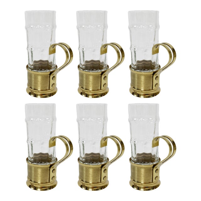 Vintage Continental Brass Handled Espresso Glasses, Set of 6 For Sale