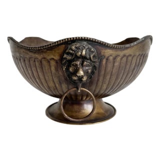 Vintage Brass Lion Head Scalloped Footed Bowl For Sale