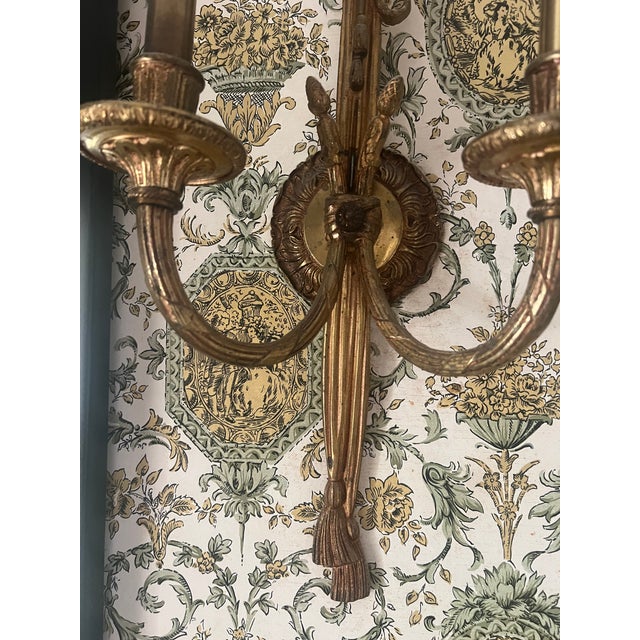 Vintage French Louis XVI Gilt Bronze Double-Arm Rope and Tassel Wall Sconces - a Pair For Sale - Image 13 of 13