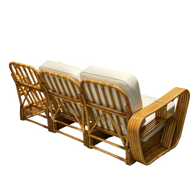 Wood Restored 1950s 5-Strand Rattan "Double-Speed" Arm Sofa & Lounge Chair Living Room Set For Sale - Image 7 of 12