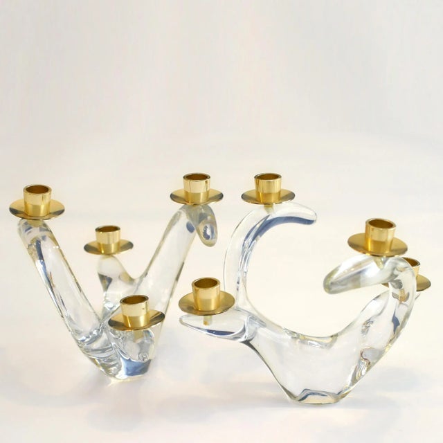These beautiful French Mid-Century Modern Thick Crystal candelabra candleholders, are signed Schneider, France, from the...