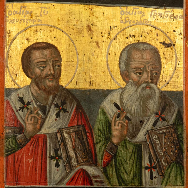 Black Antique 18thC Greek Orthodox Triptych Icon Virgin Mary & Saints Egg Tempera 1700 For Sale - Image 8 of 18