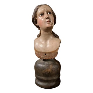 Italian Artist, Carved Polychrome Female Bust Sculpture, 1700s, Lacquered Wood For Sale