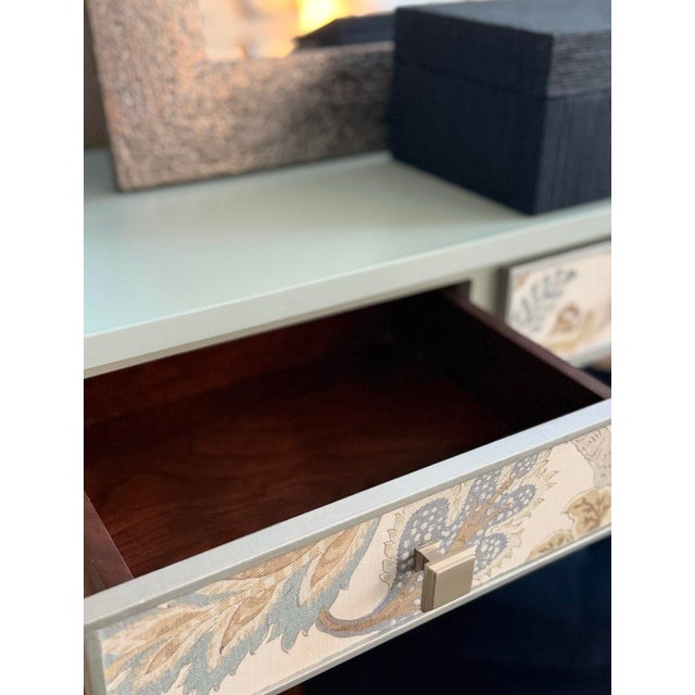Textile One-of-a-Kind Hand Painted Console Table | Entryway Table | Blue Console | Fabric Drawer Fronts | Cottage Luxe | French Country For Sale - Image 7 of 9