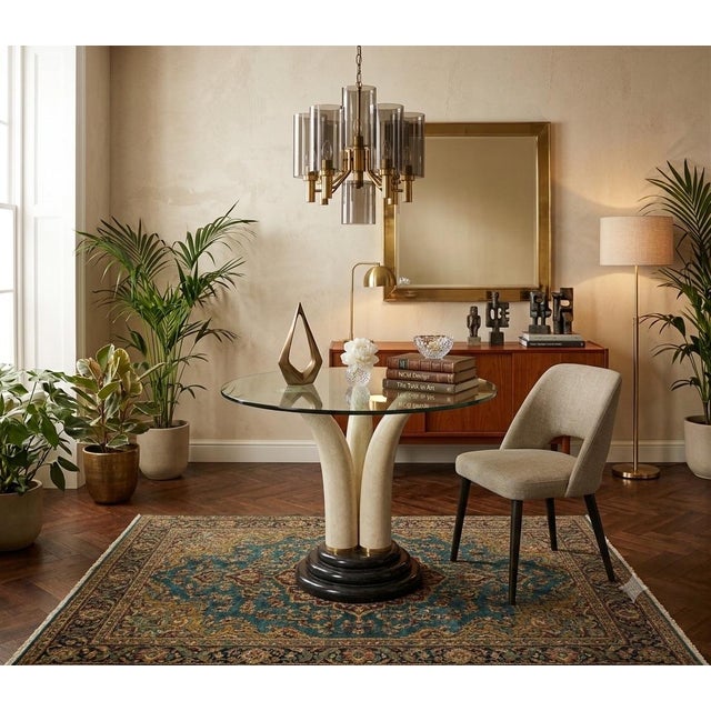 Dramatic, sculptural postmodern faux tusk-motif pedestal table with 1/2" thick glass top, handmade in the Philippines by...